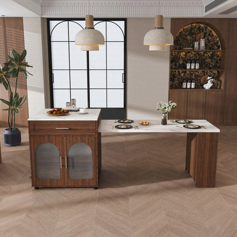 80-inch Expandable Kitchen Island with Dining Table, Marble-Grain Countertop with Power Outlet, Mobile Storage Cart with Cabinet & 2 Drawers, Walnut Finish Kitchen Prep Table
