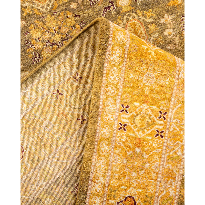 Tapis jaune / brun noué à la main de conception unique 8 pi 1 po x 10 pi 4 po Keenan