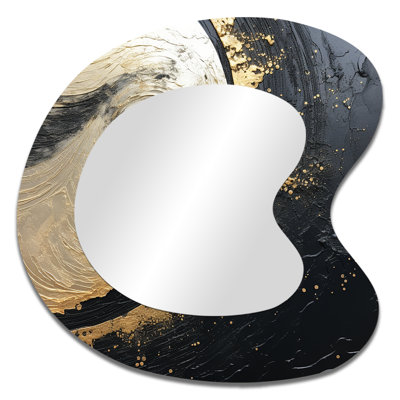 Gabryell Black And Gold Abstract Meditation III - Abstract Painting Asymmetrical Wall Mirror, Beige Irregular Shape Decorative Mirror, Printed Metal Art