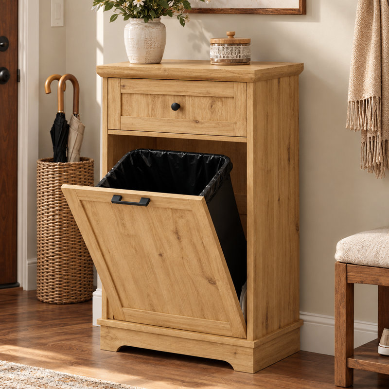 Meuble de poubelle basculant de style champêtre avec tiroir de rangement et support de poubelle dissimulé résistant aux animaux de compagnie pour la cuisine, la buanderie et le salon