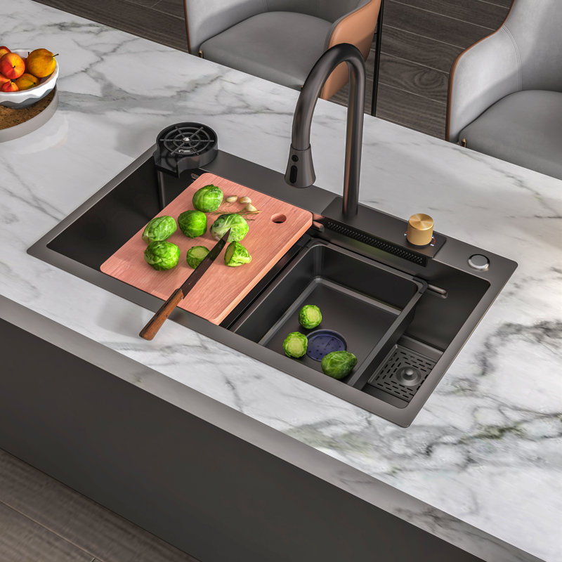 MEJE 32" New Waterfall Kitchen Sink, Upgraded 304 Stainless Steel Kitchen Sink,Flying Rain pull-out faucet, Anthracite Black Color (31.5''x17.75'')