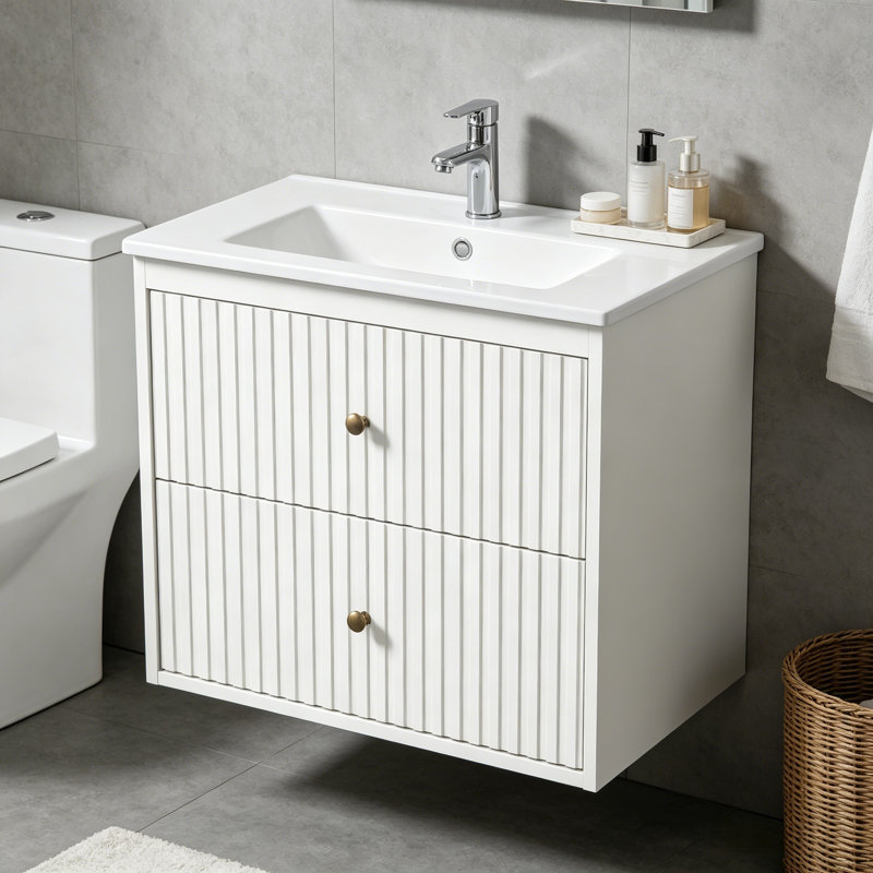 24 Inch White Wall Mounted Bathroom Vanity Combo Set, Floating Storage Cabinet With 2 Fluted Drawers And Integrated Sink For Household Bathroom Use