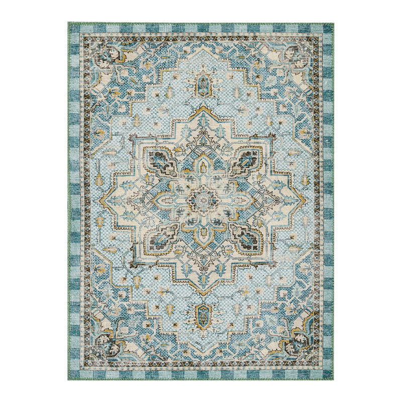 Heriz Checked Aqua Washable Rug, Rectangle 8' x 10'