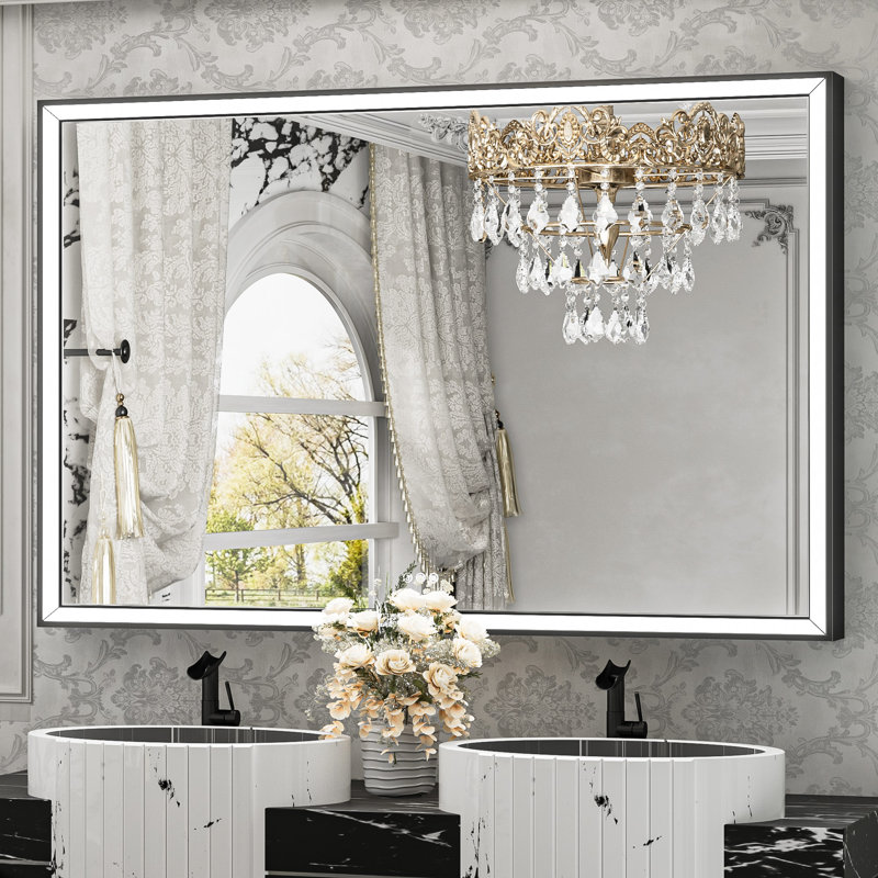 Miroir de salle de bain avant à DEL antibuée avec cadre en métal biseauté, 36 po x 55 po, Noir mat, Rectangulaire