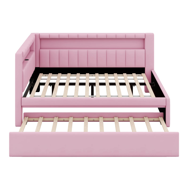 Lit plateforme avec ports USB et ceinture à DEL, cadre de lit tapissier avec lit gigogne, aucun sommier nécessaire, Rose