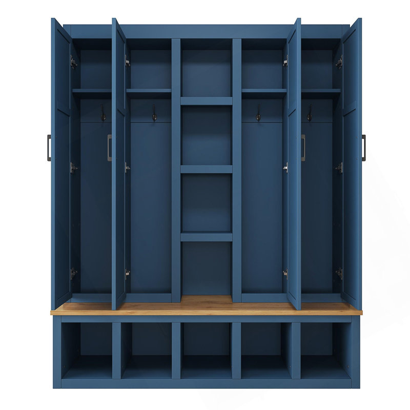 62.9"W Farmhouse 4-In-1 Hall Tree With 6 Hanging Hooks, Mudroom Wood Grain Bench With Open Compartments, Entryway Shoe Cabinet With Seating Bench For Living Room, Hallway