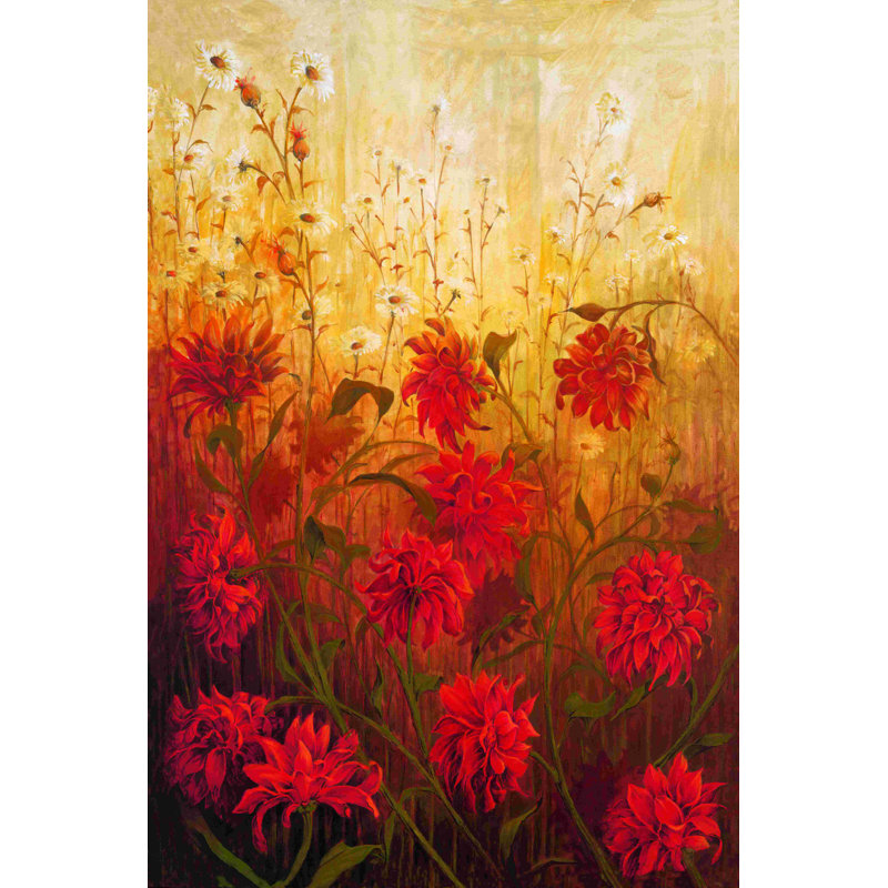 Champ de fleurs rouges - peinture sur toile tendue, H 18 po x l 12 po x P 1,25 po