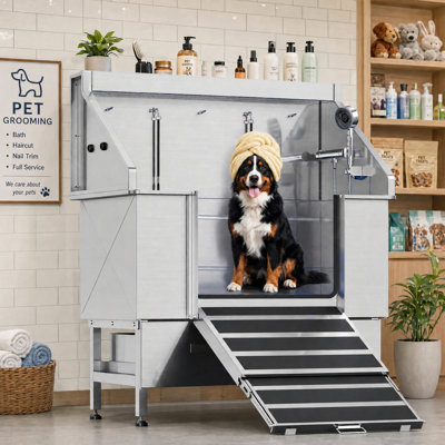 Professional 50" Pet Grooming Tub with Wide Ramp Dog Adjustable Bathtub Stainless Steel Washing Station with Thermostatic Faucet & Brush Sprayer for Large, Medium, Small Pets