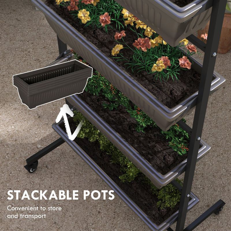 Shamarra Vertical Raised Garden Bed with Wheels, 4 Container Boxes, Brown