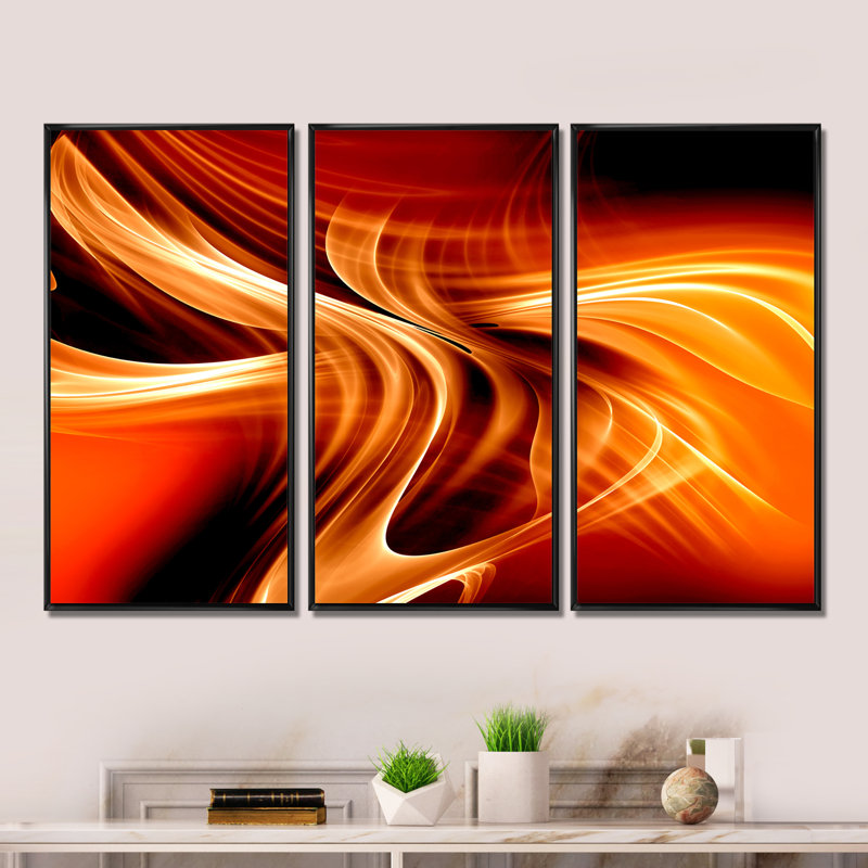 «Orange Abstract Warm Fractal Design», ensemble de 3 toiles abstraites encadrées, Cadre noir, H 28 po x l 36 po x P 1 po