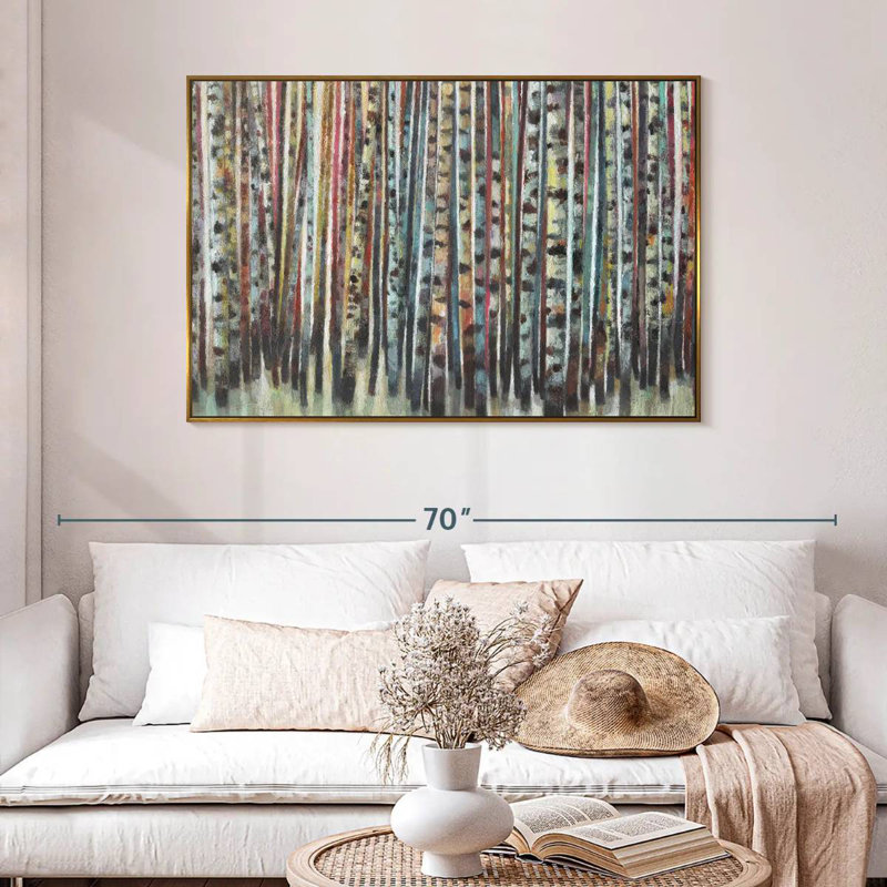 Forêt de bouleaux peinte, 46 po x 31 po, Cadre flottant doré