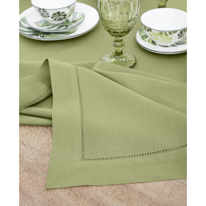 100% Pure Linen Hemstitch Table Cloth - Classic Hemstitch, Moss Green, 120" x 60"
