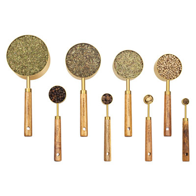Measuring Cups And Spoons Set Of 8, Golden Stainless Steel Measuring Cup With Wooden Handle, Kitchen/Food/Liquid/Baking (Gold) -  shuoli, SSB091MH8S1H