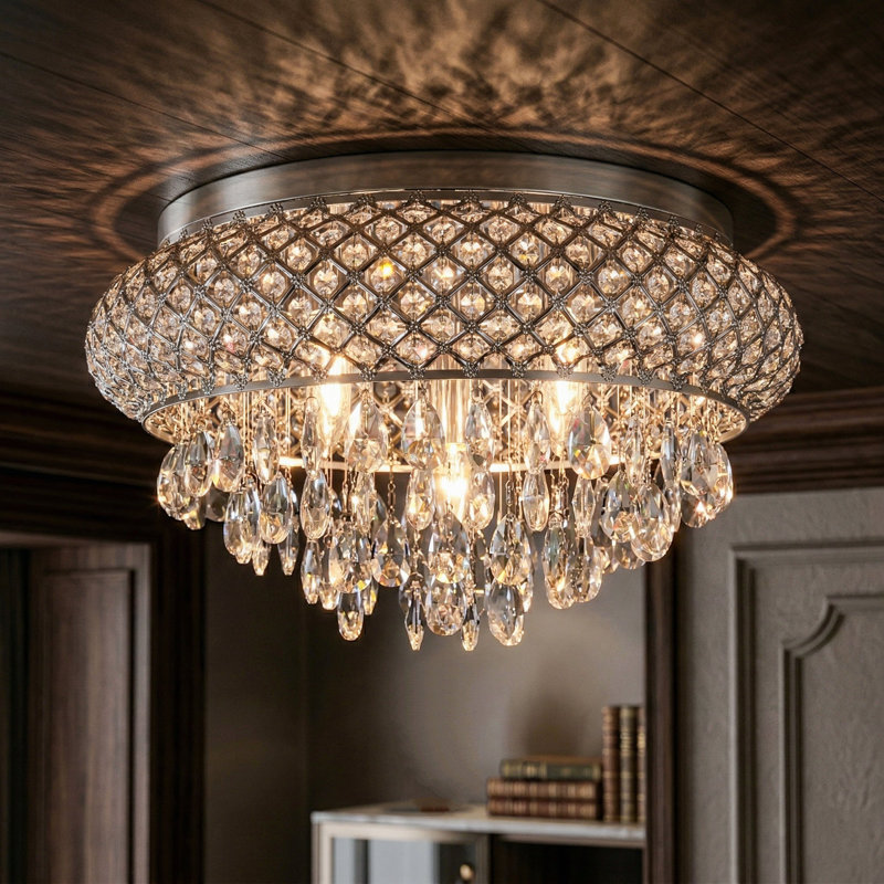 Delainy Metal and Crystal Drum Chandelier, Chrome