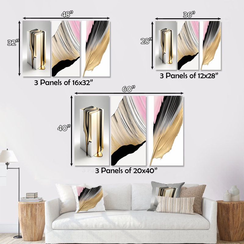 Black And Gold Cubic Expression I - Minimalism Art Set of 3 Pieces, H 28 po x l 36 po x P 1 po