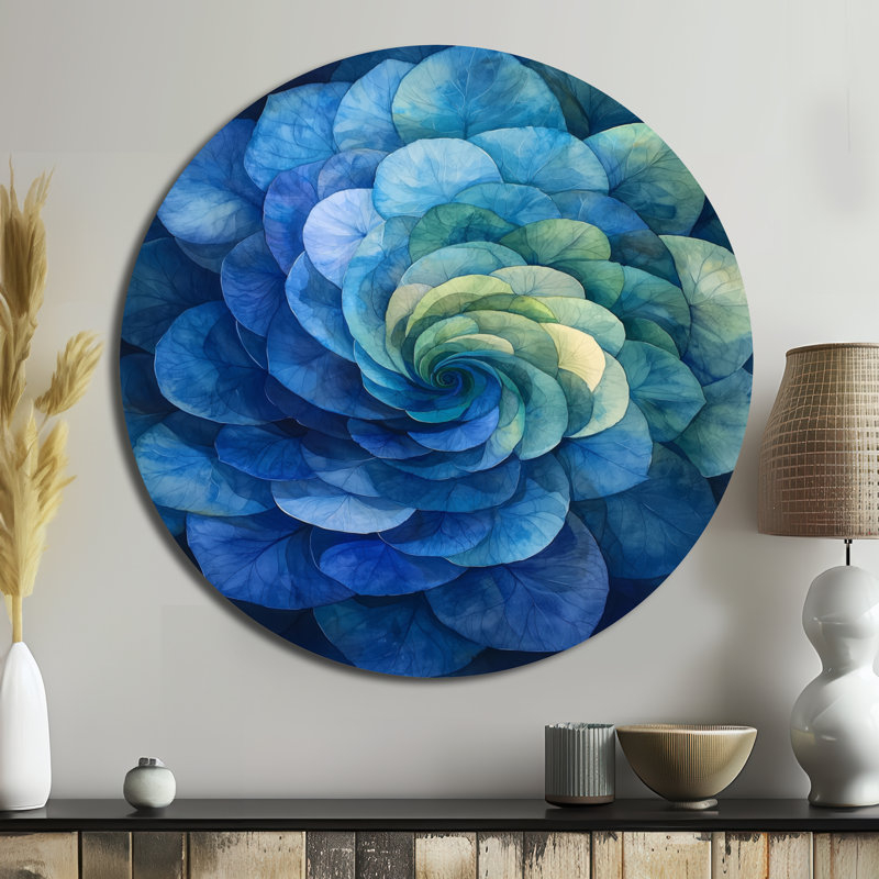 Hortensia bleu vert Vortex I - hydrangées rondes, décoration murale en métal bleu traditionnel, H 23 po x l 23 po