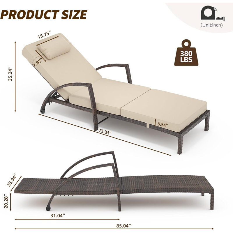 Ensemble de 2 chaises longues d'extérieur avec table, chaises longues de piscine en osier toutes saisons, dossier réglable à 5 positions, meubles de patio d'une capacité de 380 lb pour la piscine, la terrasse et le kaki