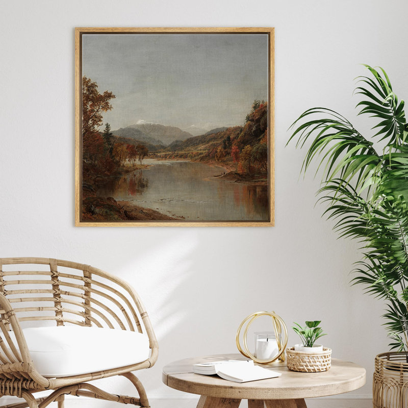 «Tranquil River Bend Autumnal Trees and Mountain Nature Wilderness Illustration Rustic Zen», reproduction d'art sur toile tendue