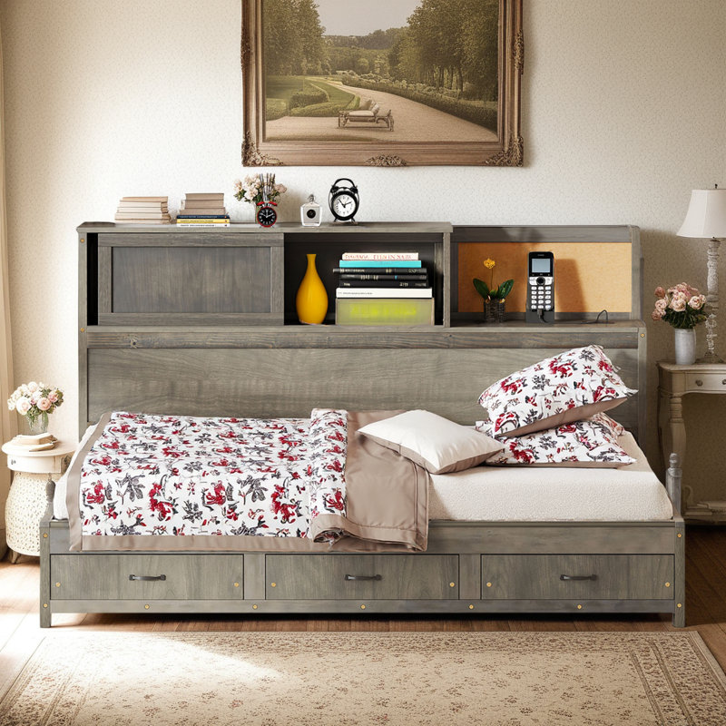 Wooden Full Size Daybed, Sofa Bed with Storage Drawers, USB Ports and Pushable Top Shelf, Gray