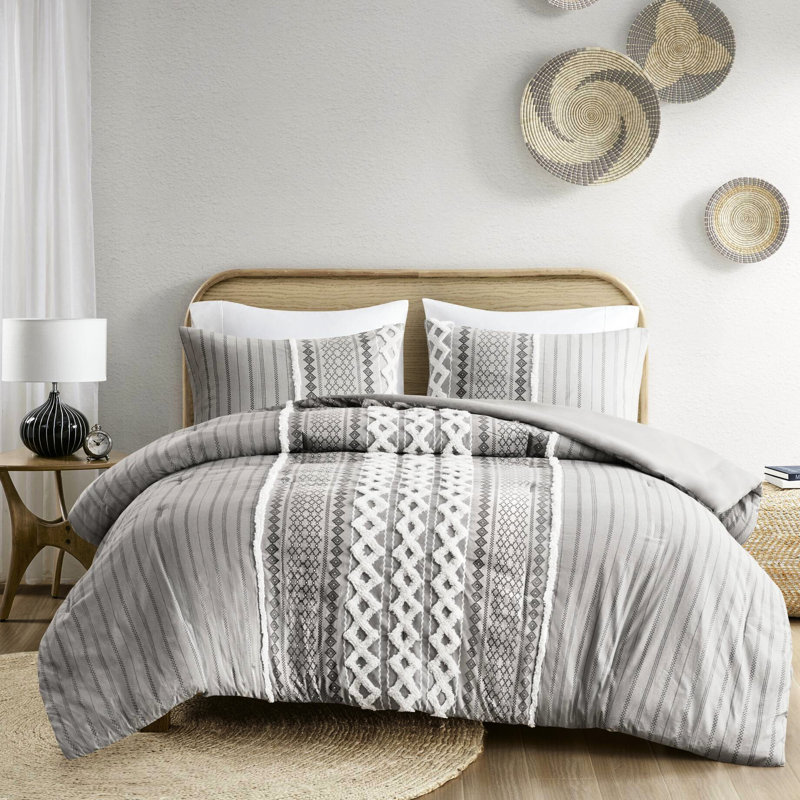 Édredon double / grand - Chenille de coton gris à motif géométrique 100% imprimé, Queen + 2 Shams, Dark Grey