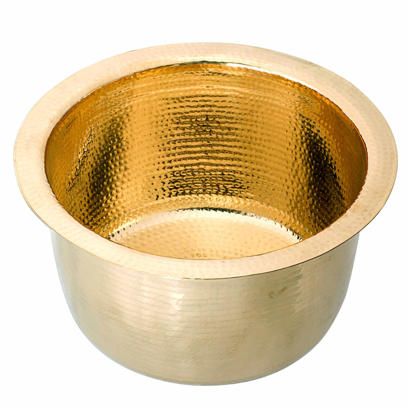 Brightwork 15-Inch Hand Hammered Round Stainless Steel Bar Sink, Polished Brass