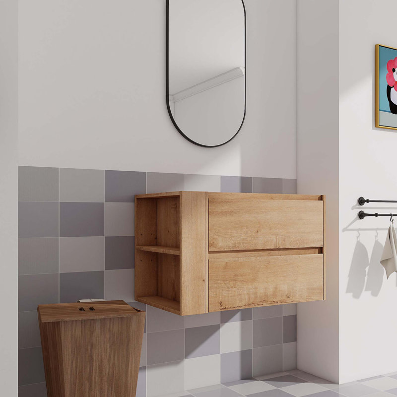 Meuble-lavabo mural 30 po, tiroir à fermeture en douceur, Imitation chêne