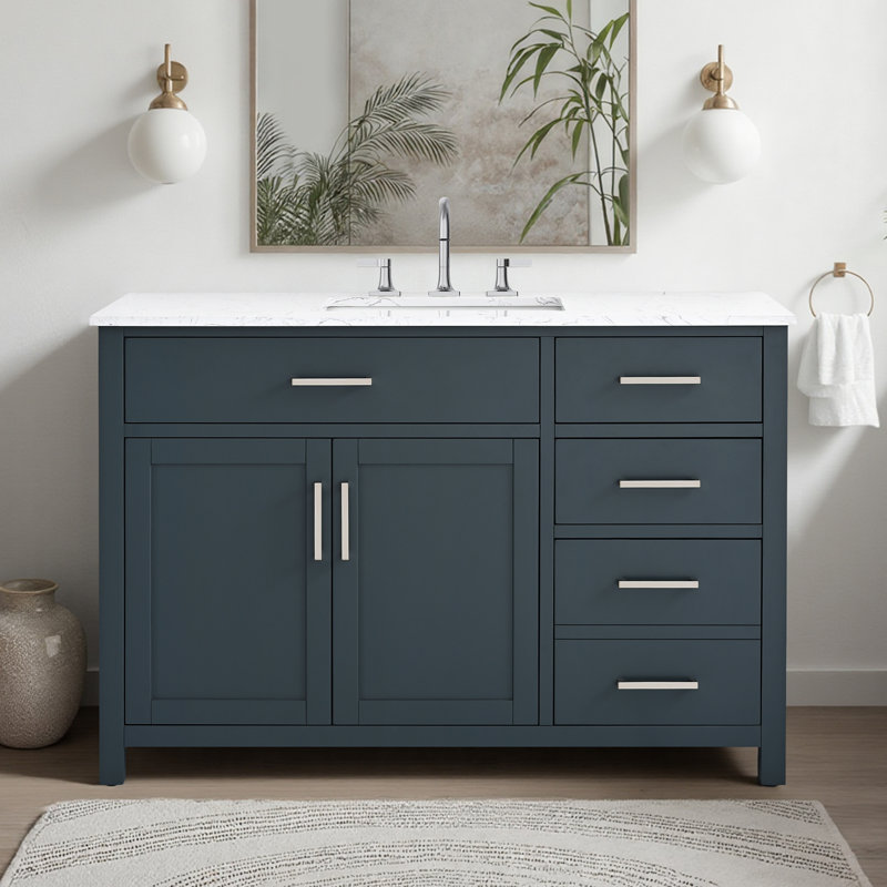 Ensemble de meuble-lavabo simple 48 po avec plateau en marbre d'ingénierie Shamar, Bleu rétro