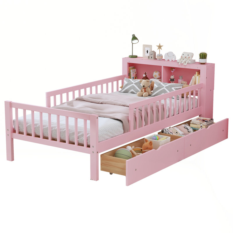 2 Drawers Bed With Bookcase Headboard And Guardrails, Pink