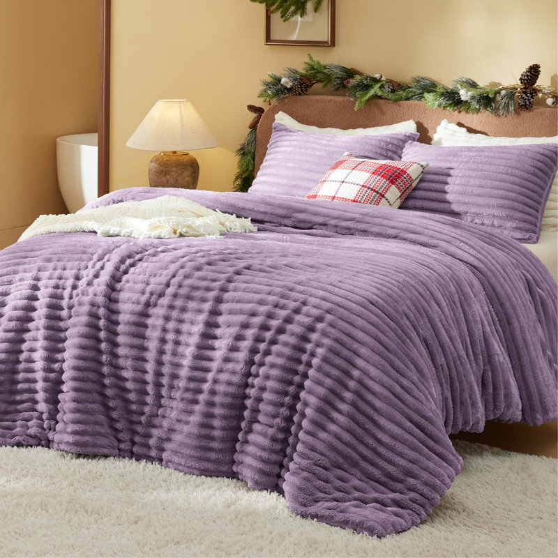 Bedsure King Size Comforter Sets - 3-Piece Double-Sided Fleece Fluffy Lavender Bedding, Cozy Striped Aesthetic for Modern & Guest Bedrooms, All-Season Luxury Home Decor