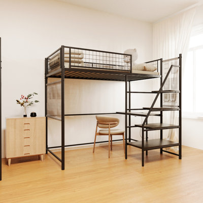 Twin Sized Loft Metal Bed With White For Bedroom And Dormitory, With Built-In Charging Station And LED Lighting