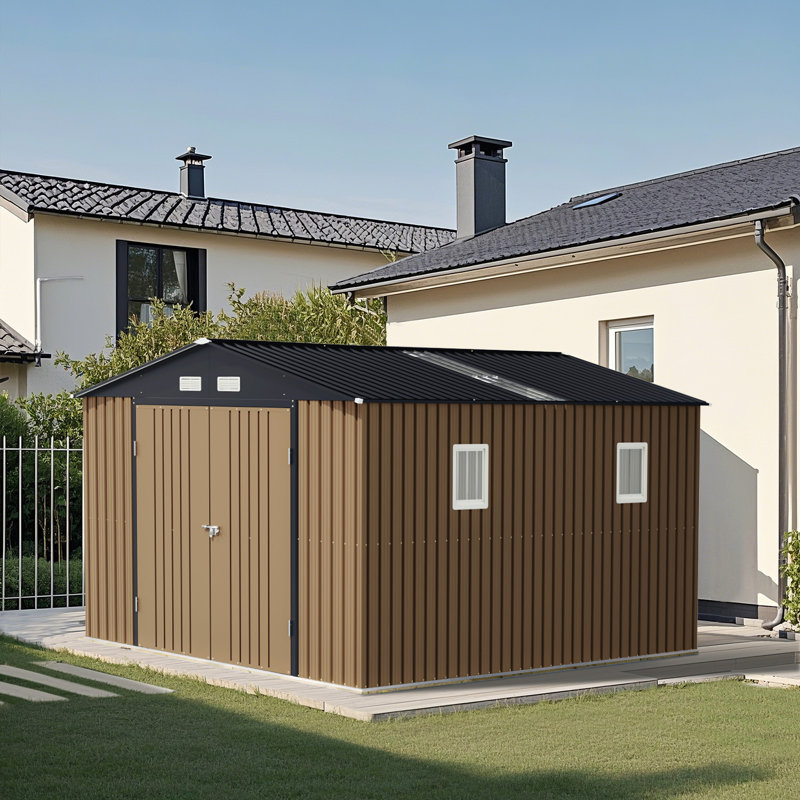 Outdoor Metal Storage Shed with Windows, 8 Ft. W x 6 Ft. D, Brown