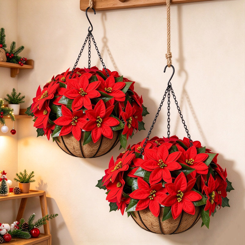 2 pièces de paniers de Noël artificiels suspendus au panier de fleurs rouges