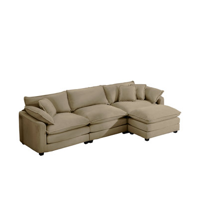 Corduroy 3-seater sofa with 1 footrest, L-shaped double sofa with ottoman for small living rooms, Tan corduroy sofa