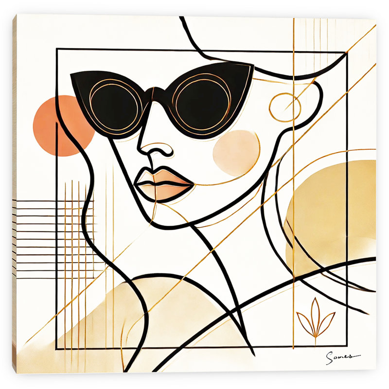«Refined Frame», art mural sur toile tendue - muse tendance avec yeux de chat et formes neutres chaudes, H 20 po x l 20 po
