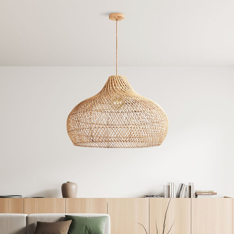 Kloe Rattan Pendant Light - Natural Dome 1-Light Polished Handwoven Dimmable Light Fixture For Kitchen Island, Kitchen, Dining Room, Living Room, Bedroom or Hallway in Modern, Farmhouse & Boho Style