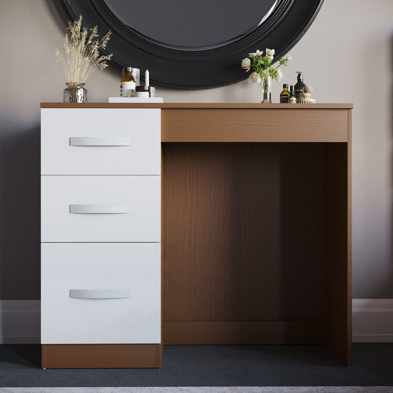 Arkadij 3 Drawer High Gloss Dressing Table, Bedroom Vanity Desk, White/Walnut