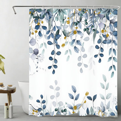 Eucalyptus Pattern Bath Curtain 72" x 72" (180x180 cm), Blue with Hooks