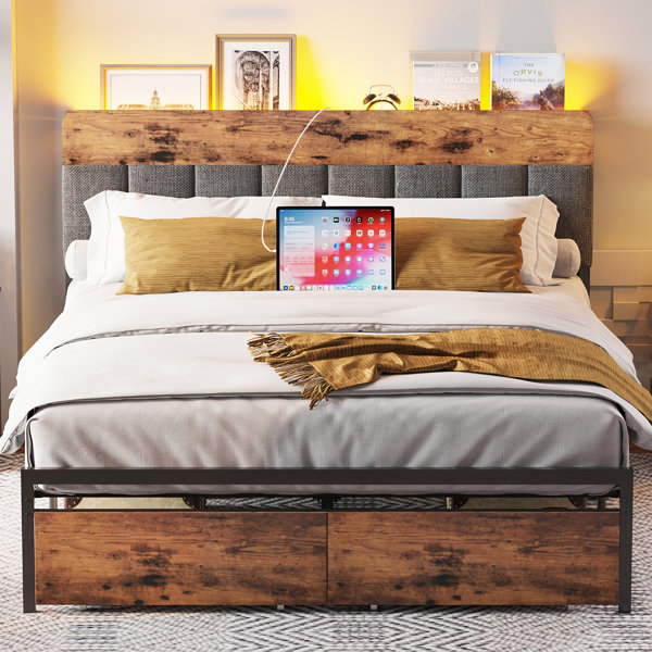 Raul Bed Frame with Drawers, Ergonomic Storage Headboard with Charging Station Trent Austin Design Size: Full