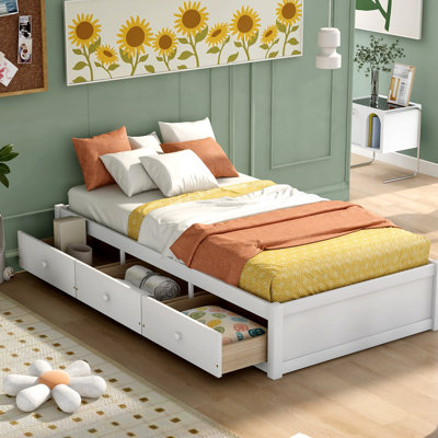 Lit simple blanc avec structure en bois massif et 3 espaces de rangement - pour une belle chambre fonctionnelle