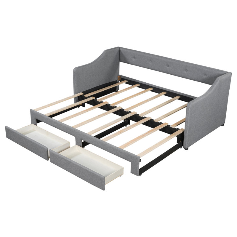 Twin XL To King Size Upholstered Daybed With Two Drawers, Gray