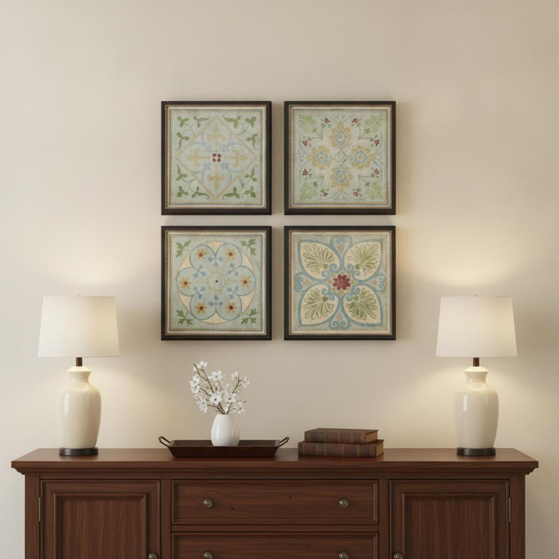 Ensemble de quatre impressions sur toile encadrées à motif de vert-de-gris