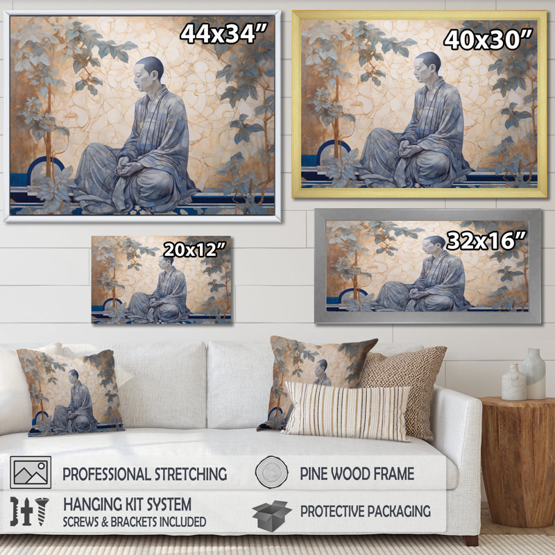 «Mindfulness Meditation Buddha Retro Illustration» sur, H 16 po x l 32 po x P 1 po, Cadre flottant noir