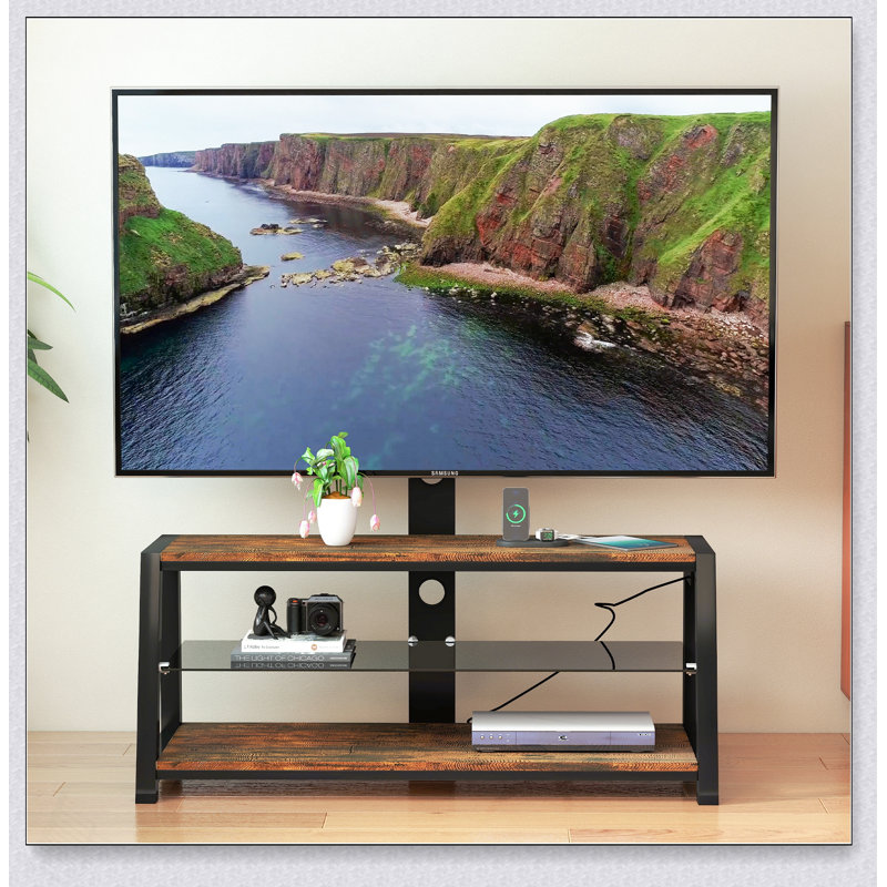 Meuble télé en bois avec verre trempé noir, hauteur réglable et support pivotant universel pour une meilleure expérience visuelle