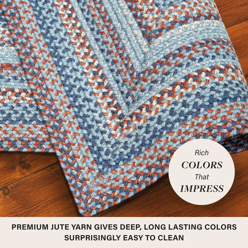 Tapis bleu / rouille en jute tressé Fairhaven, Ovale 20 po x 30 po, Bleu Fairhaven, bleu marine, orange