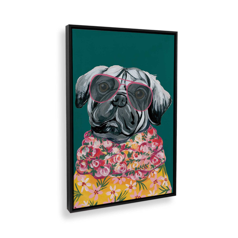 «Smug Pug» par Yvette St. Amant, reproduction d'art, H 16 po x l 12 po, Cadre flottant, Noir