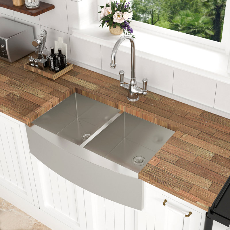 Double Bowl Farmhouse Sink- Stainless Steel Apron Front Kitchen Sink 16 Gauge With Two 9" Deep Basin