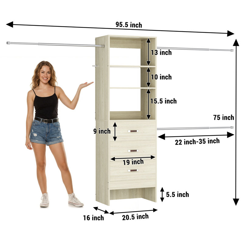 41"-107" Closet System With 6 Drawers And 8 Rods（Can Be Cut To Fit）, 75"H x 107"W x 16"D, Beige