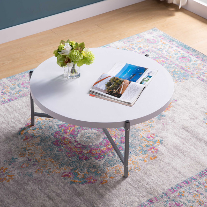 Karelle Round Coffee Table with Metal Legs, White, Gray