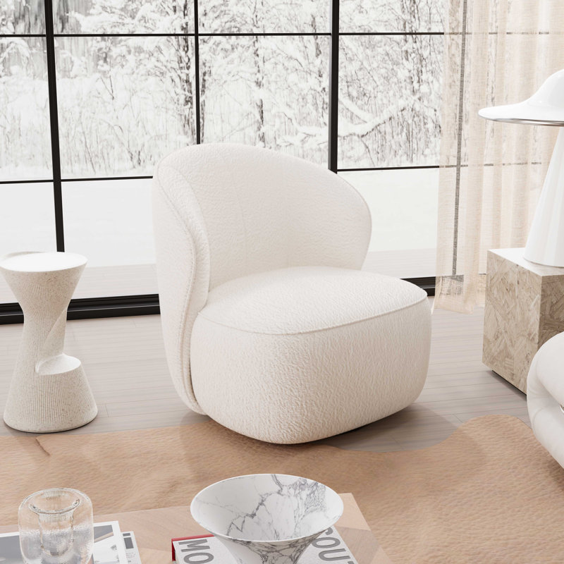 Maresia Oversized Fully Assembled Swivel Chairs, Boucle Upholstered Swivel Barrel Chair, Large Accent Chair, White Swivel