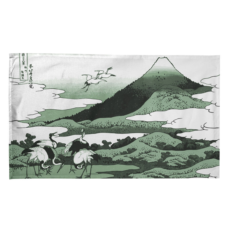Serviette de thé japonaise grues, Bleu / vert clair, Polyester sergé